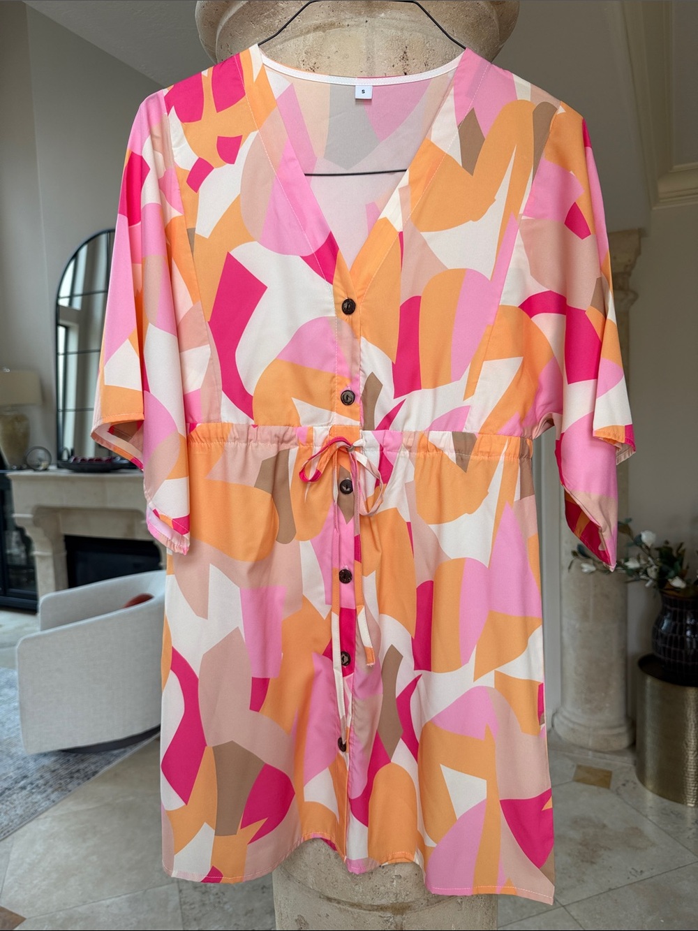 Bright Abstract Print Button-Front Mini Dress Sz Small Pink Orange White Beige